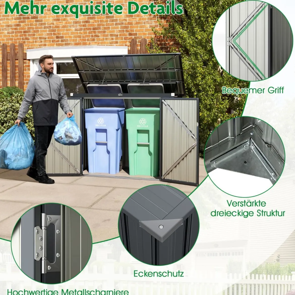 Mülltonnenbox für 2 Mülltonnen Müllbox aus Verzinktem Metall Müllhaus mit 2 Türen