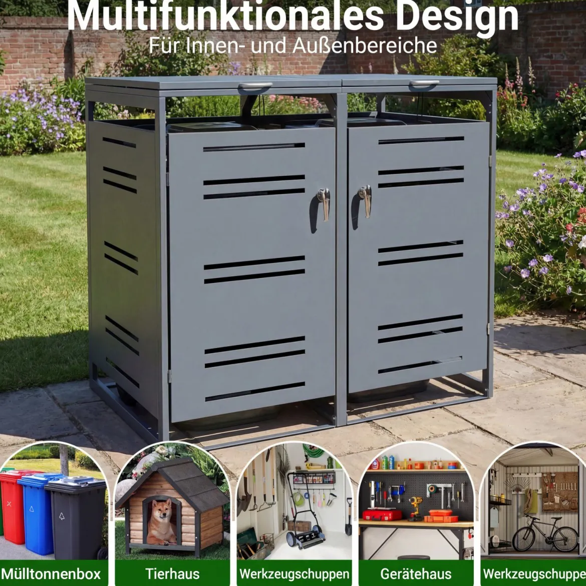 Mülltonnenbox für 2 x 120 L Mülltonne Wetterfester Gartenschuppen mit Abschließbarer Tür