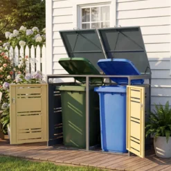 Mülltonnenbox für 2 x 120 L Mülltonne Wetterfester Gartenschuppen mit Abschließbarer Tür Grau und Gelb