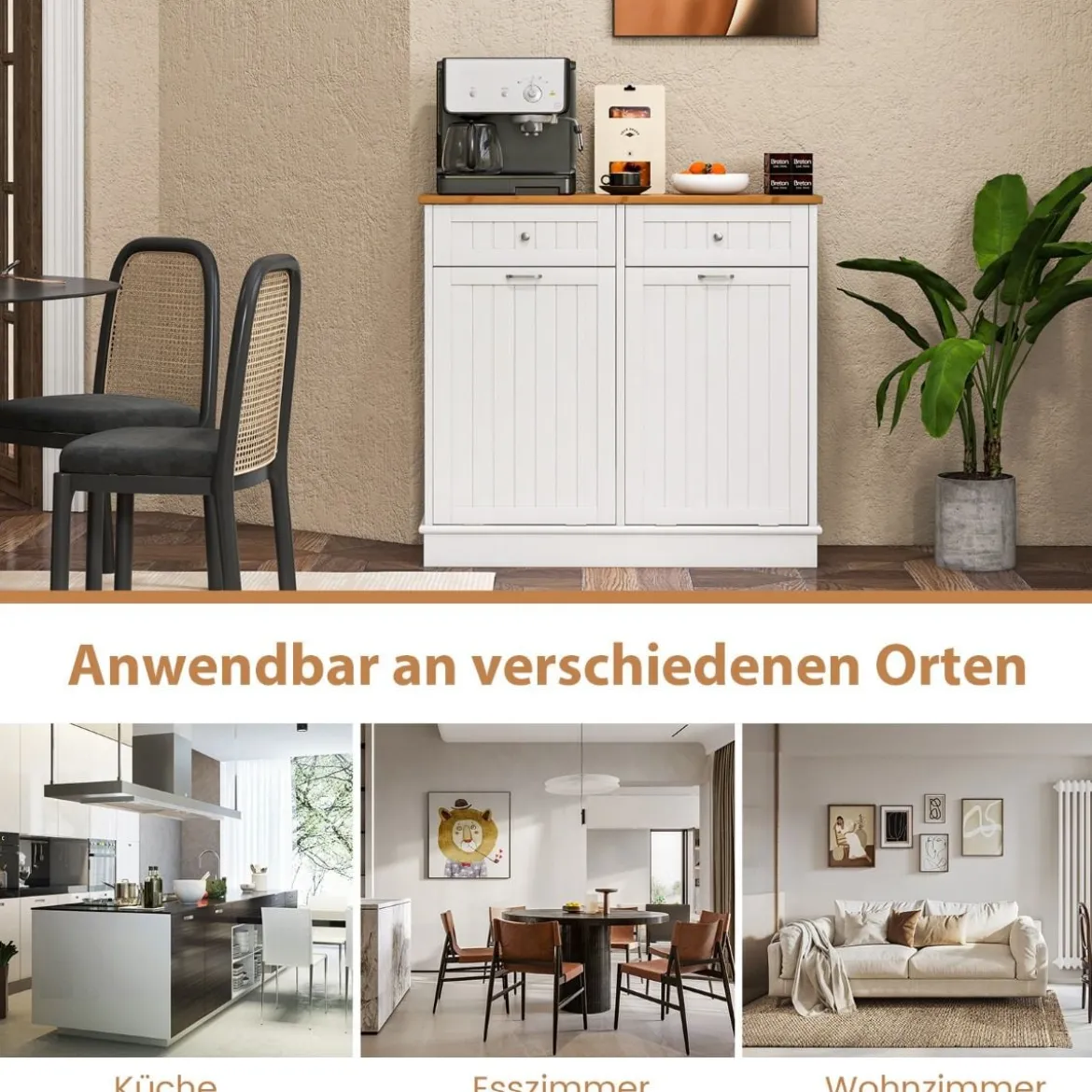 Mülltonnenschrank mit Kippbaren Türen Freistehender Küchenabfallbehälterhalter Weiß (Mülleimer nicht inbegriffen)