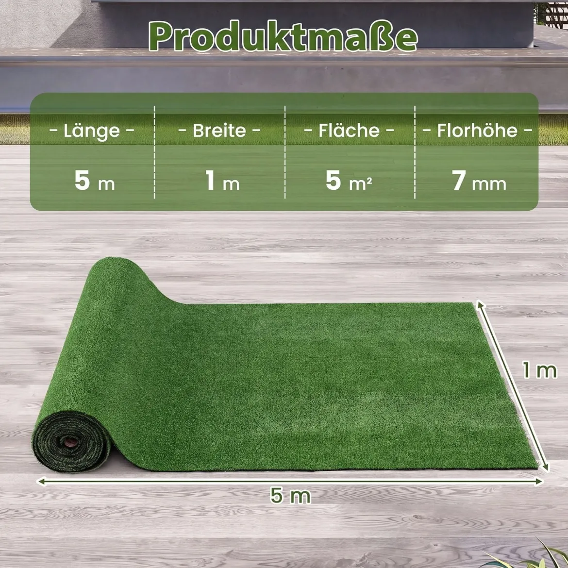 7 mm Kunstrasen Outdoor Grün mit Drainagesystem in Natürlicher Optik 100 x 500 cm