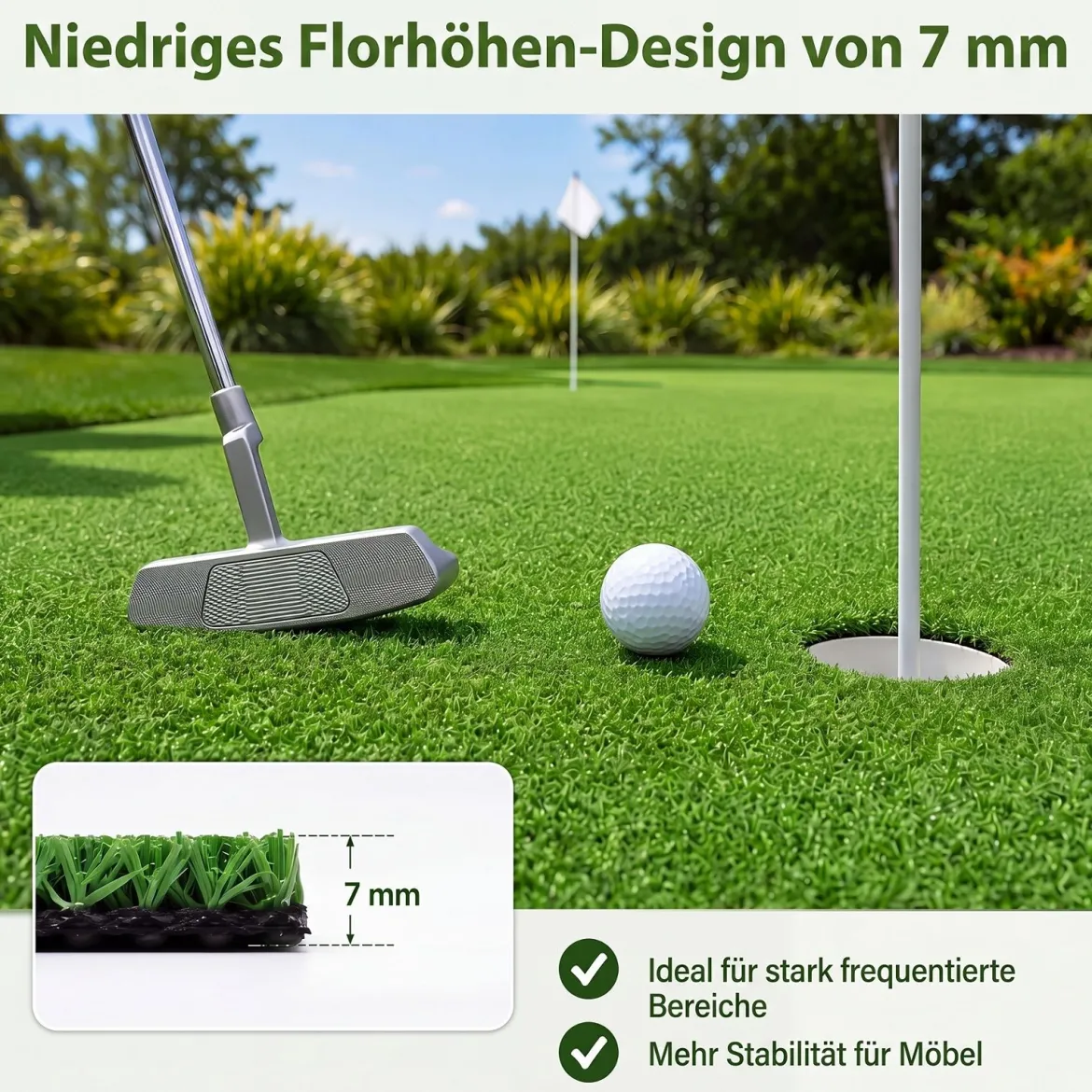 7 mm Kunstrasen Outdoor Grün mit Drainagesystem in Natürlicher Optik 100 x 500 cm