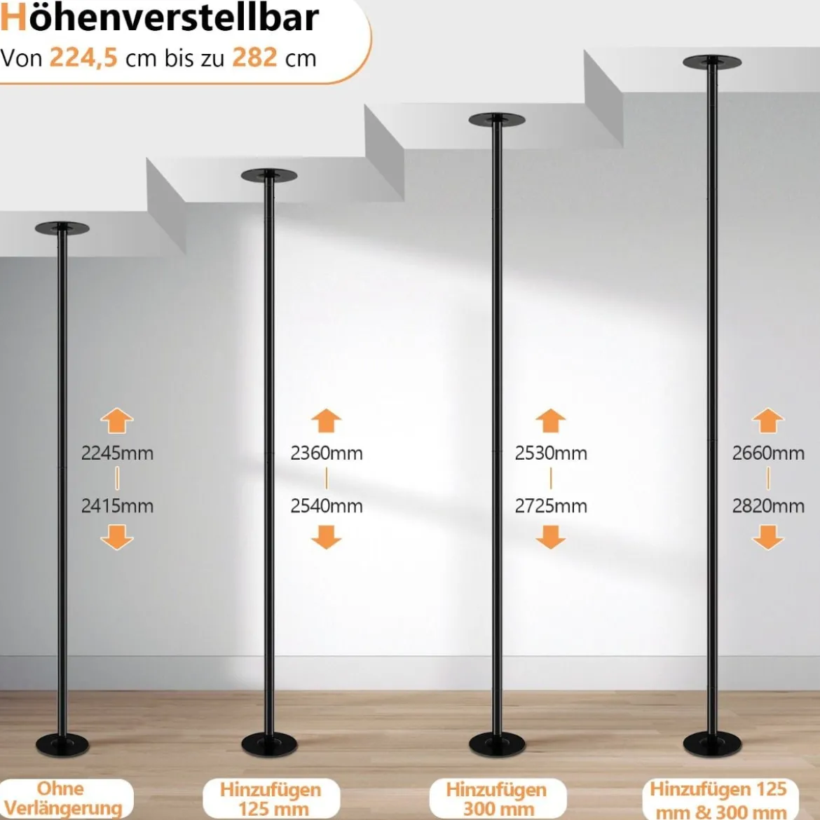 45 mm Profi Tanzstange mit Einstellbarer Höhe und Abnehmbarem Design Schwarz