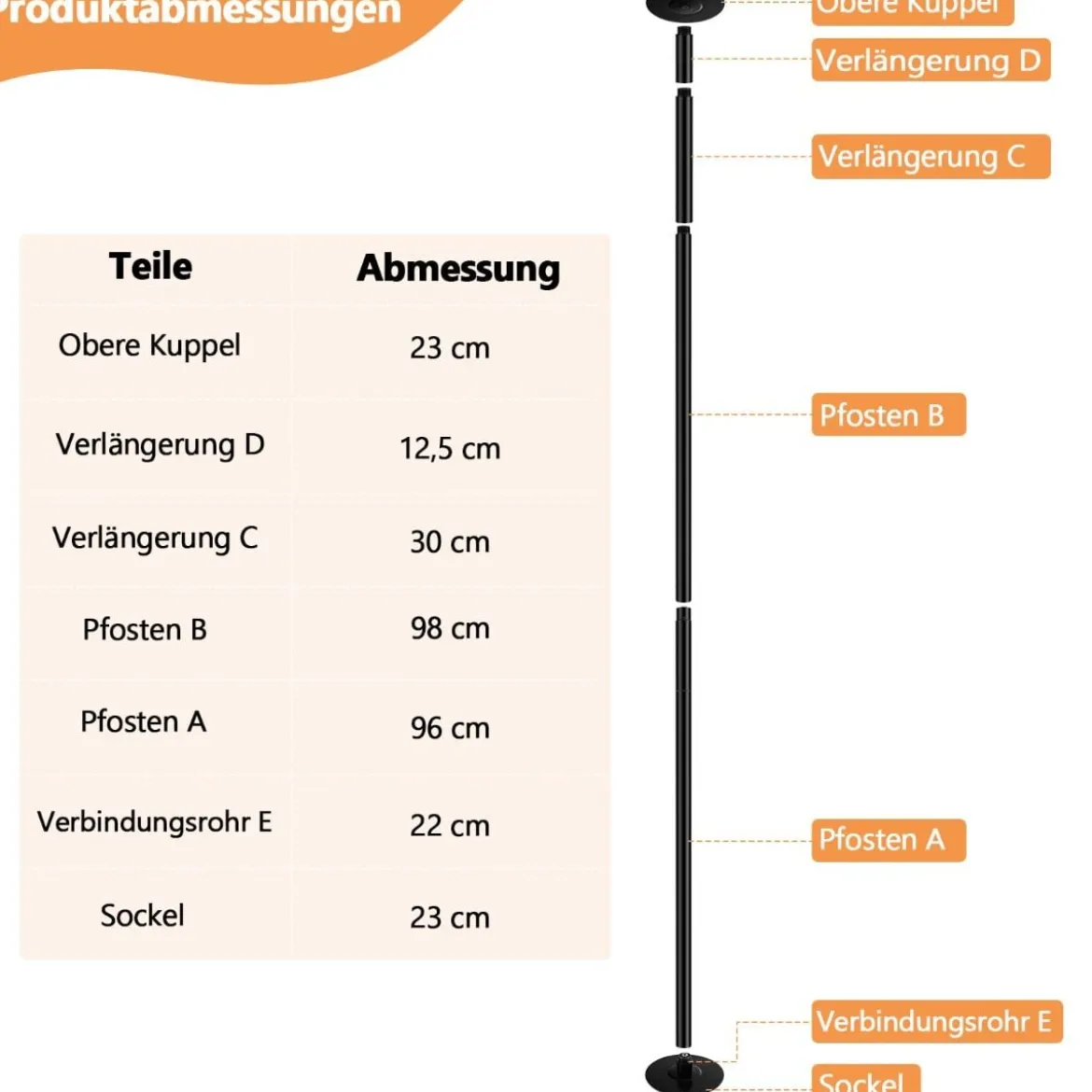 45 mm Profi Tanzstange mit Einstellbarer Höhe und Abnehmbarem Design Schwarz