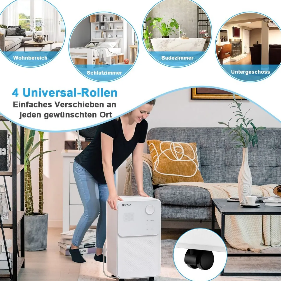 Mobile Entfeuchter für Haus und Keller Luftentfeuchter mit 4 Modi 28 x 20 x 50,5 cm Weiß