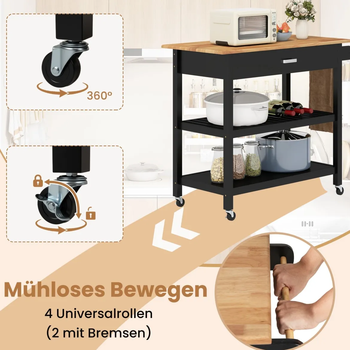 Mobile Kücheninsel mit Arbeitsplatte & Schublade Küchenwagen 3-stöckiger Küchenrollwagen Schwarz