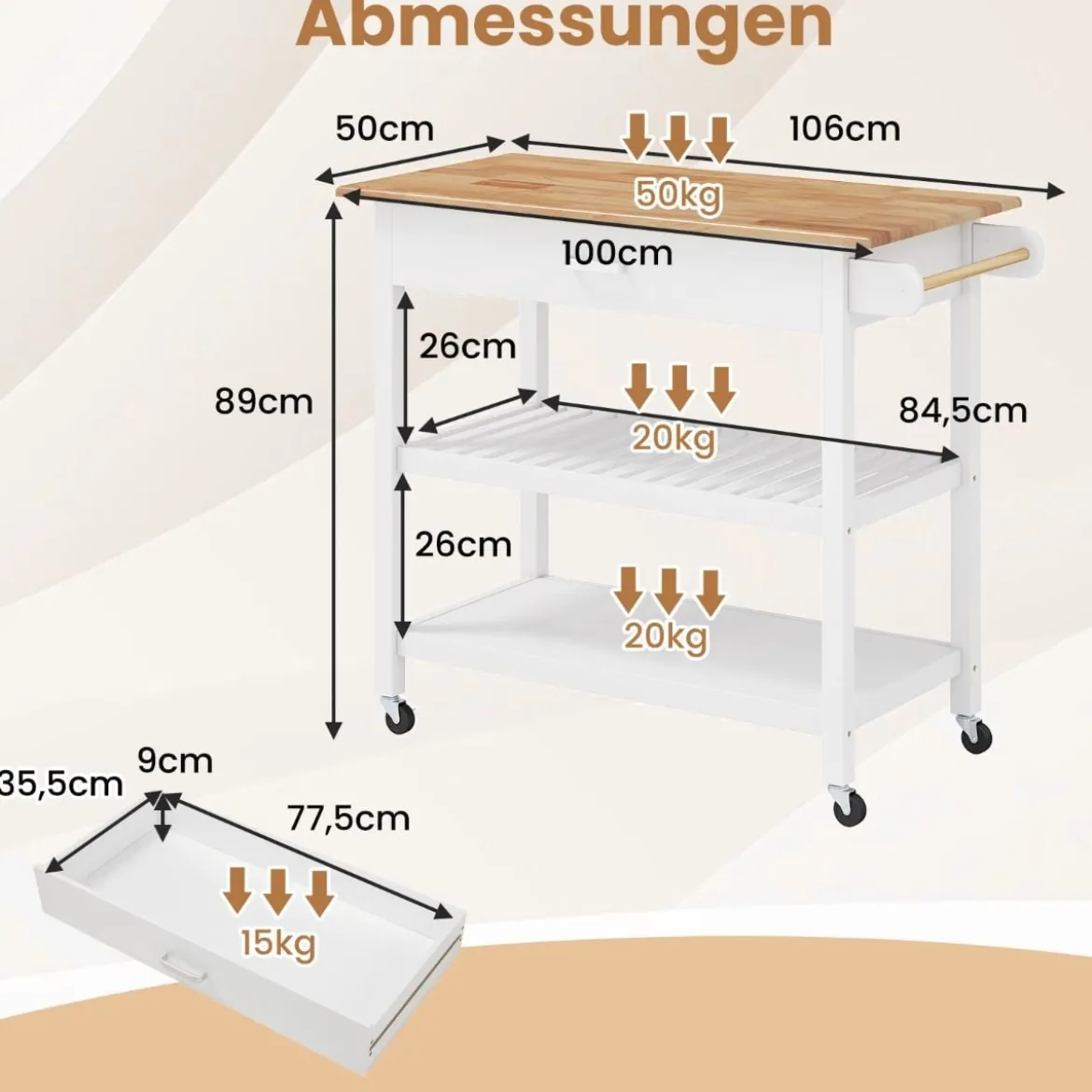 Mobile Kücheninsel mit Arbeitsplatte & Schublade Küchenwagen 3-stöckiger Küchenrollwagen Weiß