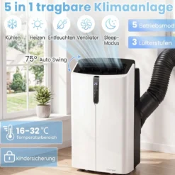 Mobile Klimaanlage 14000 BTU Klimagerät mit Kühlung Heizung Entfeuchtung Ventilator & Schlafmodus