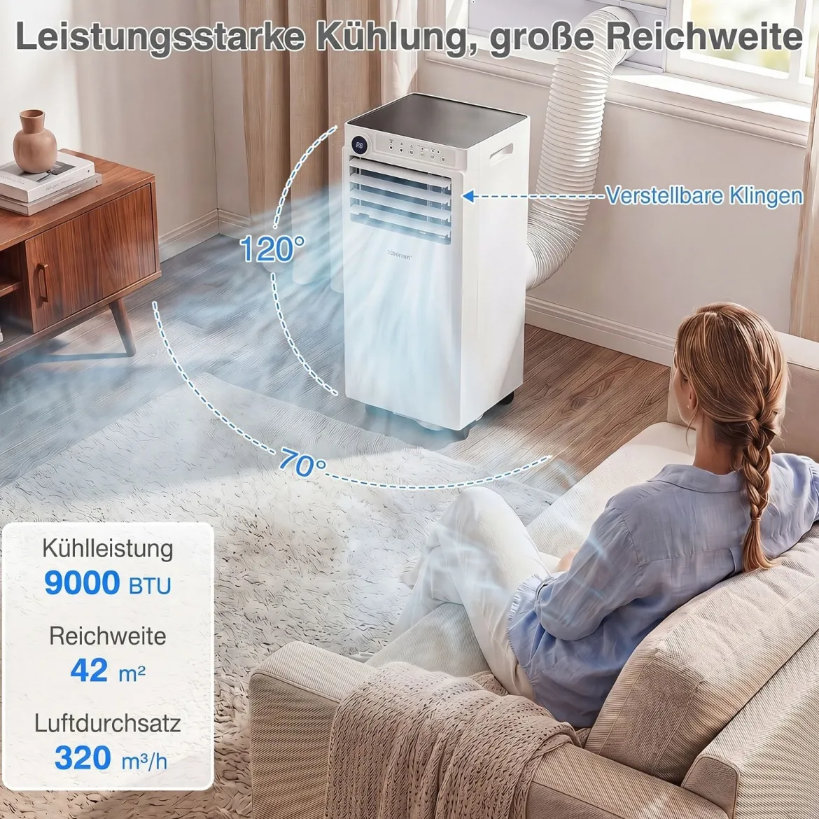 Mobile Klimaanlage 4-in-1 Tragbarer Luftkühler mit Luftentfeuchter Ventilator Schlafmodus 7000BTU