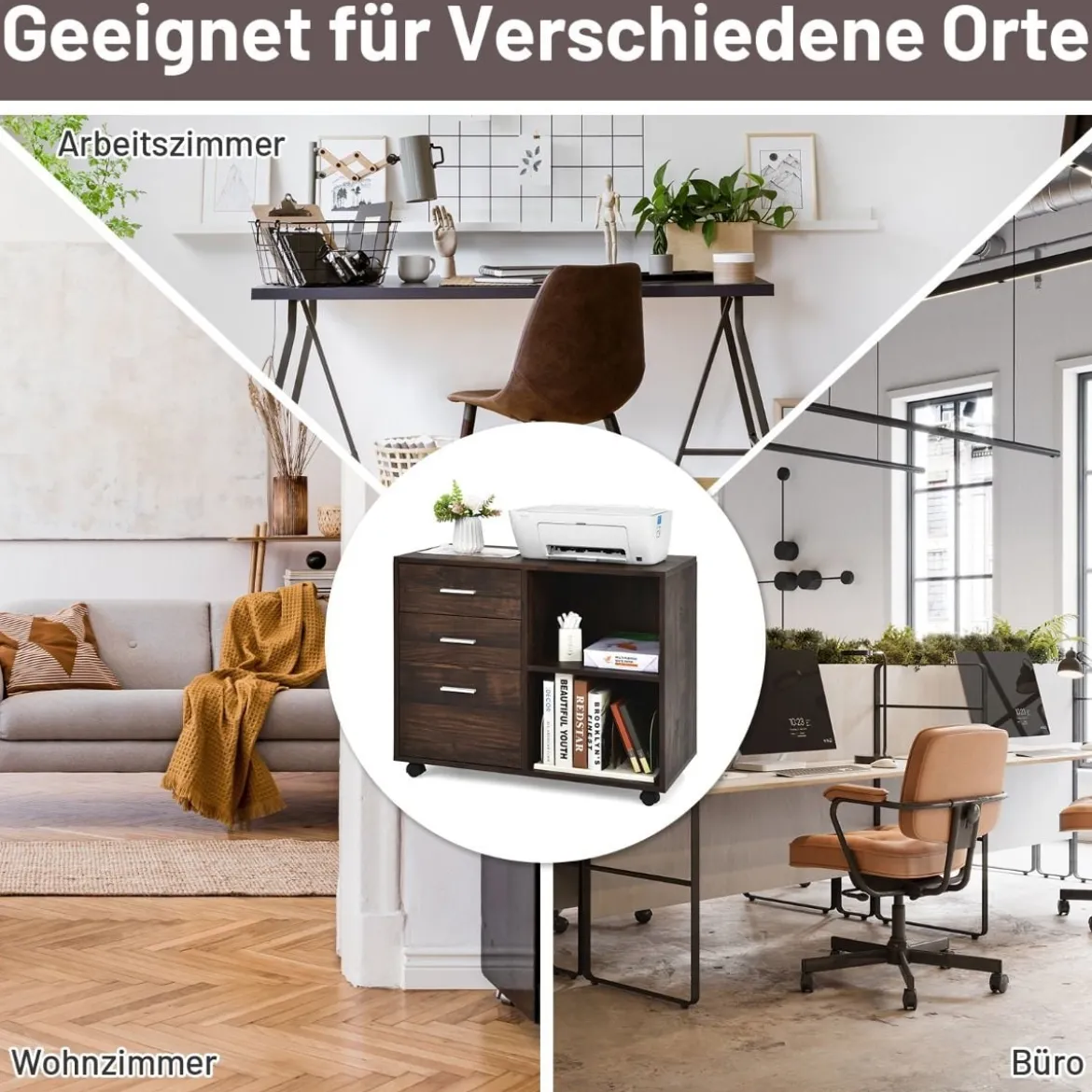 Mobiler Aktenschrank mit 3 Schubladen & 2 offenen Aufbewahrungsfächern Rustikales Braun