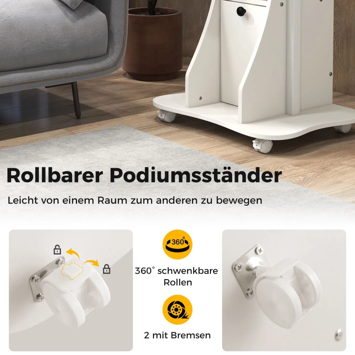 Mobiler Computertisch zum Stehen oder Sitzen mit Neigbarer Tischplatte & Schrank für das Heimbüro Weiß