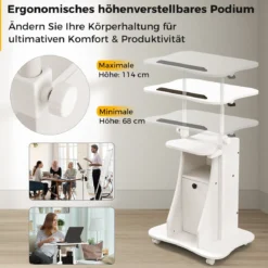 Mobiler Computertisch zum Stehen oder Sitzen mit Neigbarer Tischplatte & Schrank für das Heimbüro Weiß