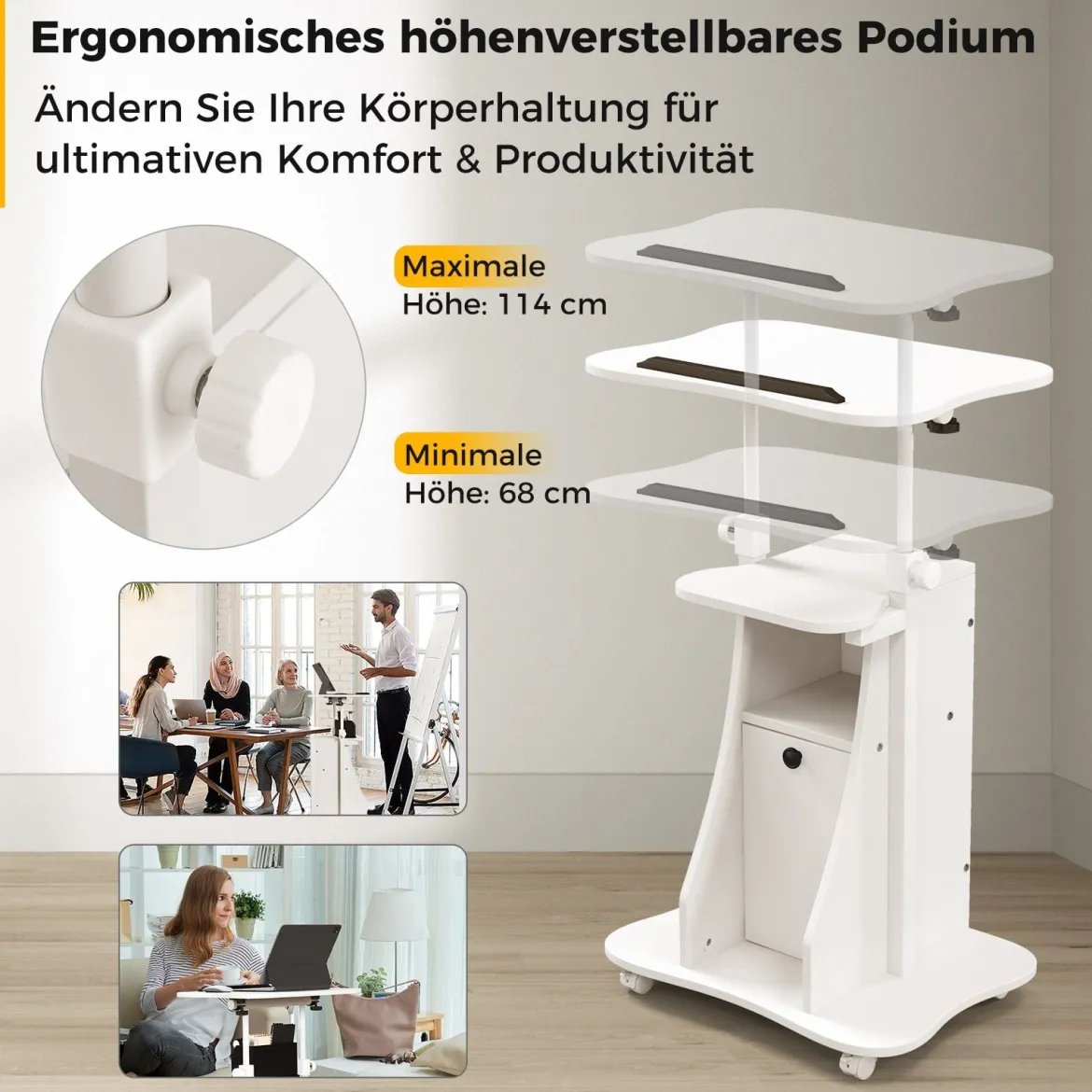Mobiler Computertisch zum Stehen oder Sitzen mit Neigbarer Tischplatte & Schrank für das Heimbüro Weiß