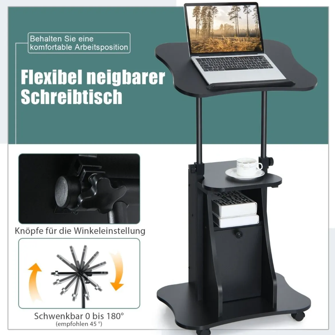 Mobiler Computertisch zum Stehen oder Sitzen mit neigbarer Tischplatte & Schrank für das Heimbüro Schwarz