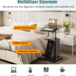 Mobiler Computertisch zum Stehen oder Sitzen mit neigbarer Tischplatte & Schrank für das Heimbüro Schwarz
