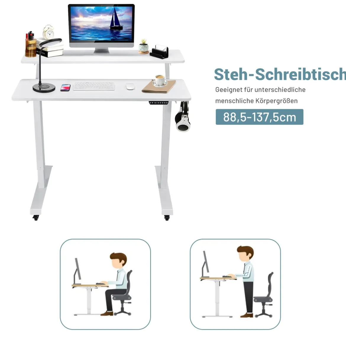 Mobiler höhenverstellbarer Schreibtisch ergonomischer Steh-Schreibtisch 120 x 68 x 88,5-137,5 cm Weiß