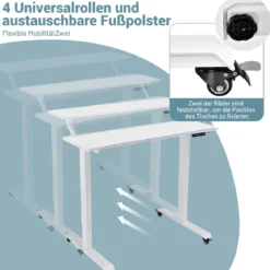 Mobiler höhenverstellbarer Schreibtisch ergonomischer Steh-Schreibtisch 120 x 68 x 88,5-137,5 cm Weiß