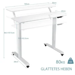 Mobiler höhenverstellbarer Schreibtisch ergonomischer Steh-Schreibtisch 120 x 68 x 88,5-137,5 cm Weiß