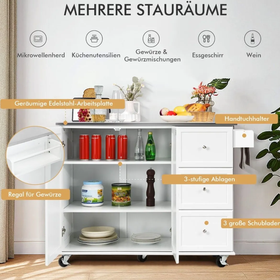 Mobiler Küchenwagen mit Edelstahl-Arbeitsplatte & 3 Schubladen & verstellbaren Regalen Weiß