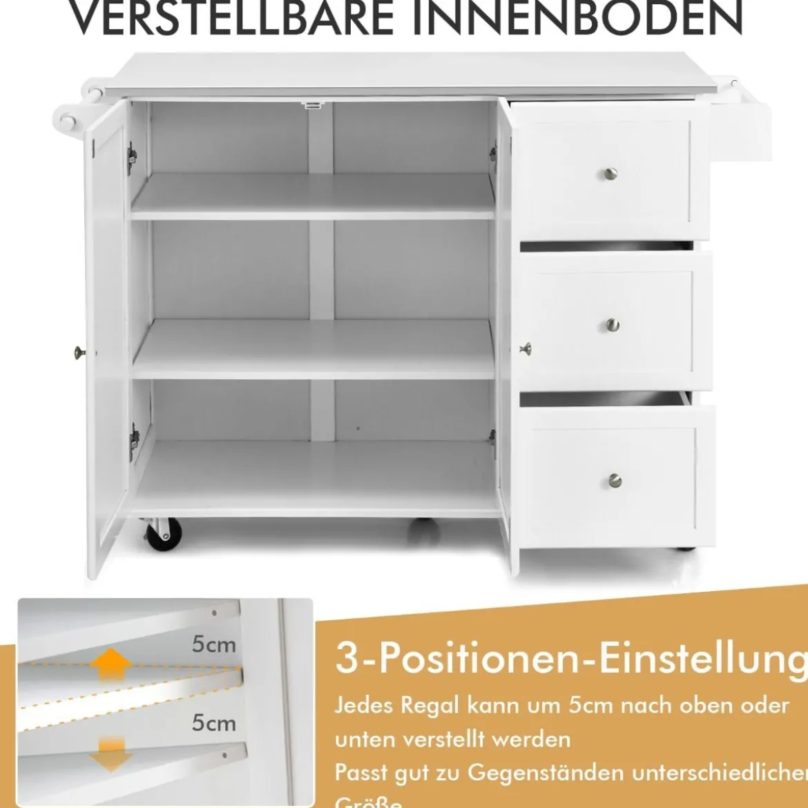 Mobiler Küchenwagen mit Edelstahl-Arbeitsplatte & 3 Schubladen & verstellbaren Regalen Weiß