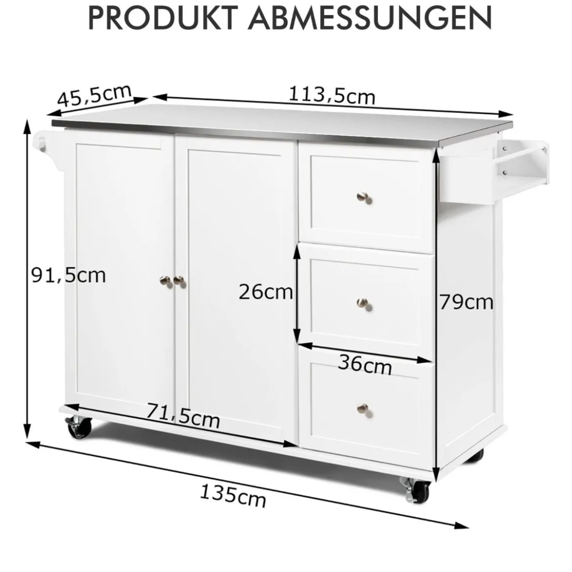 Mobiler Küchenwagen mit Edelstahl-Arbeitsplatte & 3 Schubladen & verstellbaren Regalen Weiß