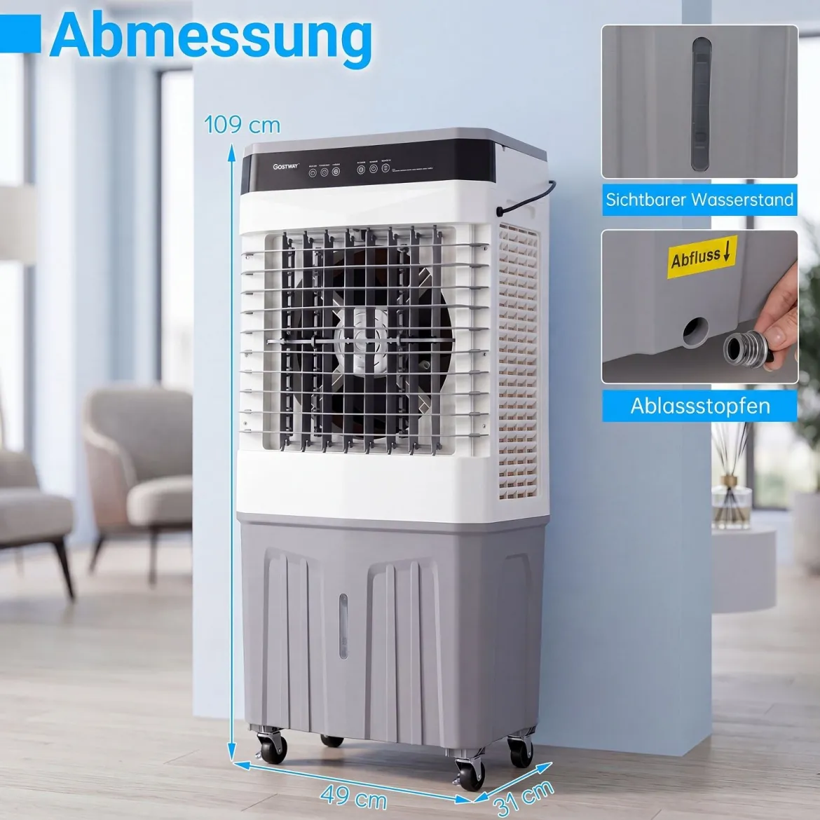 Mobiler Kühlventilator mit Fernbedienung 3 in 1 Luftkühler mit 27L Wassertank 49 x 31 x 109 cm