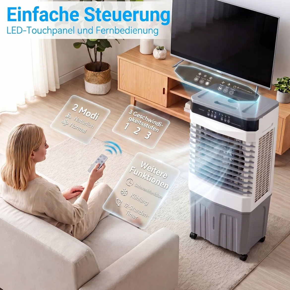 Mobiler Kühlventilator mit Fernbedienung 3 in 1 Luftkühler mit 27L Wassertank 49 x 31 x 109 cm