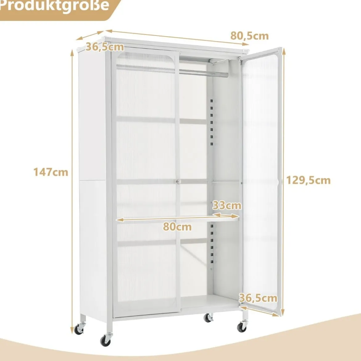 Mobiler Kleiderschrank mit Hängestange & Verstellbarem Regal & Durchsichtigen Schranktüren Weiß