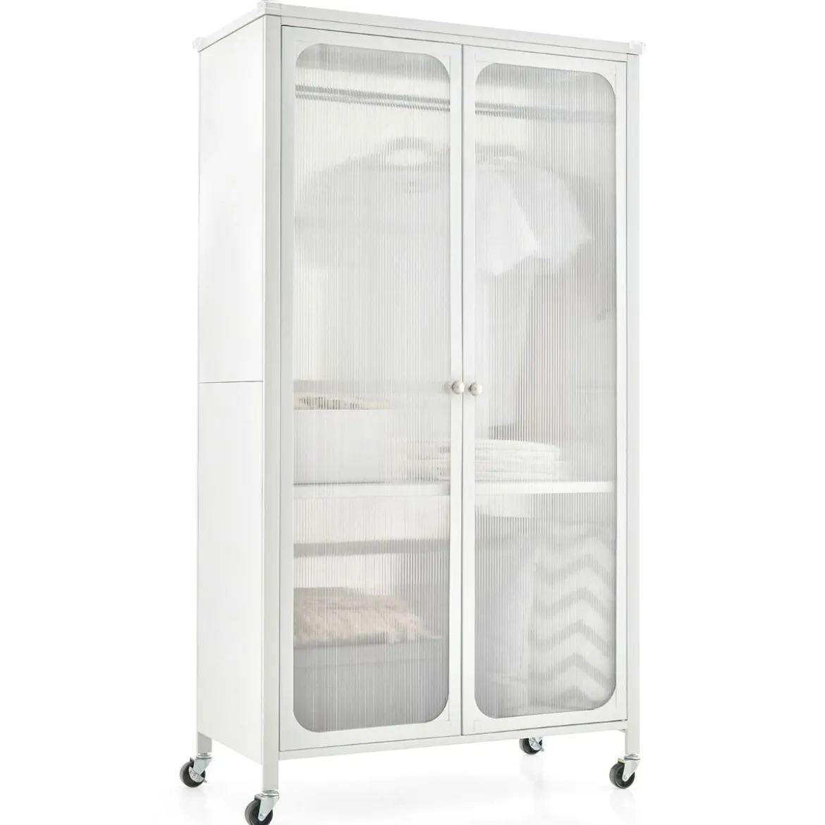 Mobiler Kleiderschrank mit Hängestange & Verstellbarem Regal & Durchsichtigen Schranktüren Weiß
