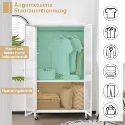 Mobiler Kleiderschrank mit Hängestange & Verstellbarem Regal & Durchsichtigen Schranktüren Weiß