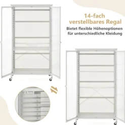 Mobiler Kleiderschrank mit Hängestange & Verstellbarem Regal & Durchsichtigen Schranktüren Weiß