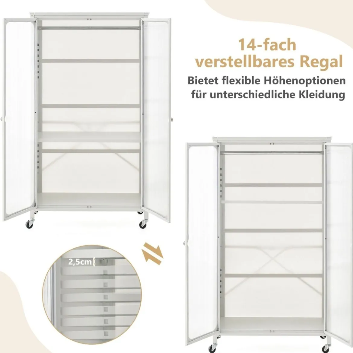 Mobiler Kleiderschrank mit Hängestange & Verstellbarem Regal & Durchsichtigen Schranktüren Weiß