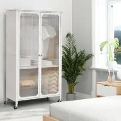 Mobiler Kleiderschrank mit Hängestange & Verstellbarem Regal & Durchsichtigen Schranktüren Weiß