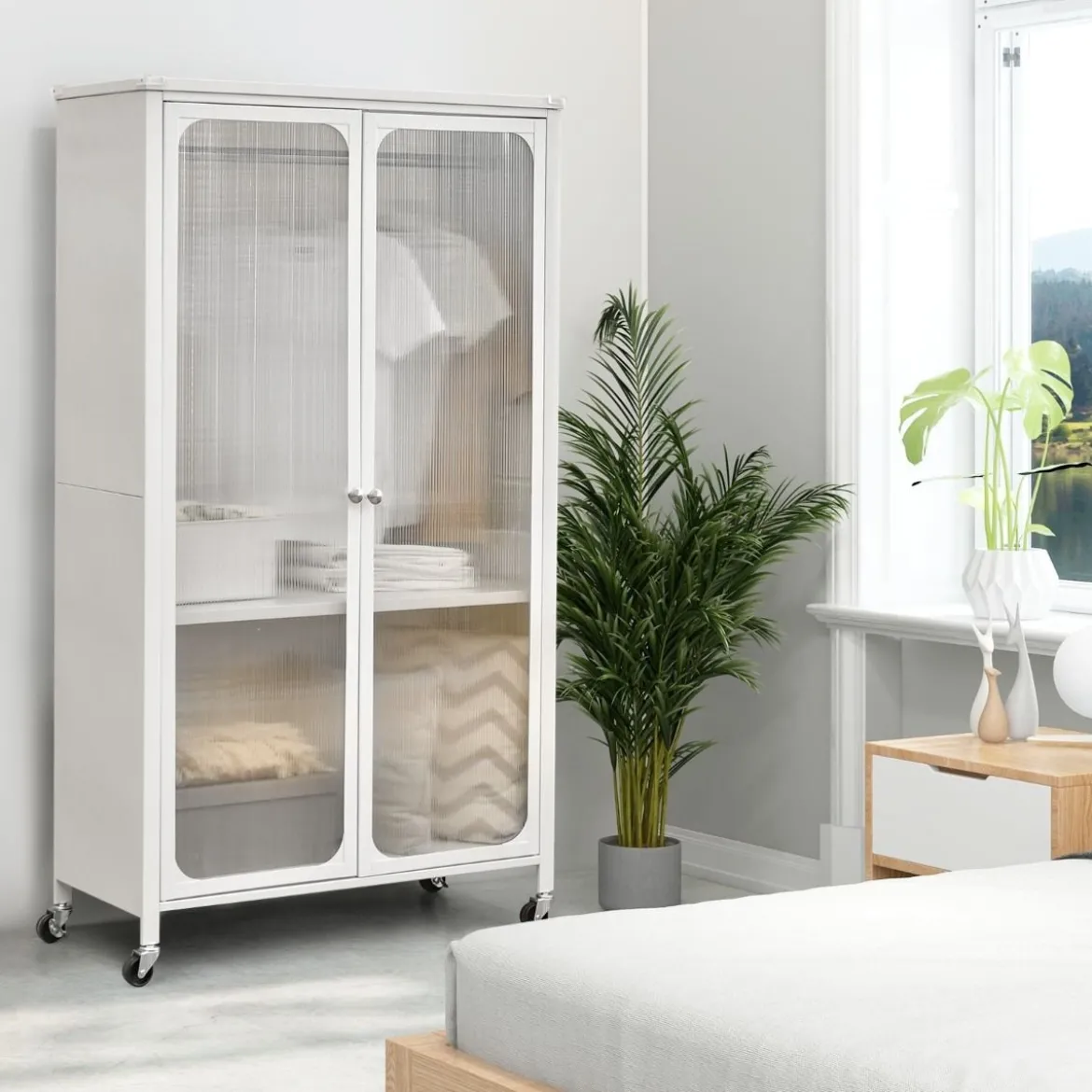 Mobiler Kleiderschrank mit Hängestange & Verstellbarem Regal & Durchsichtigen Schranktüren Weiß