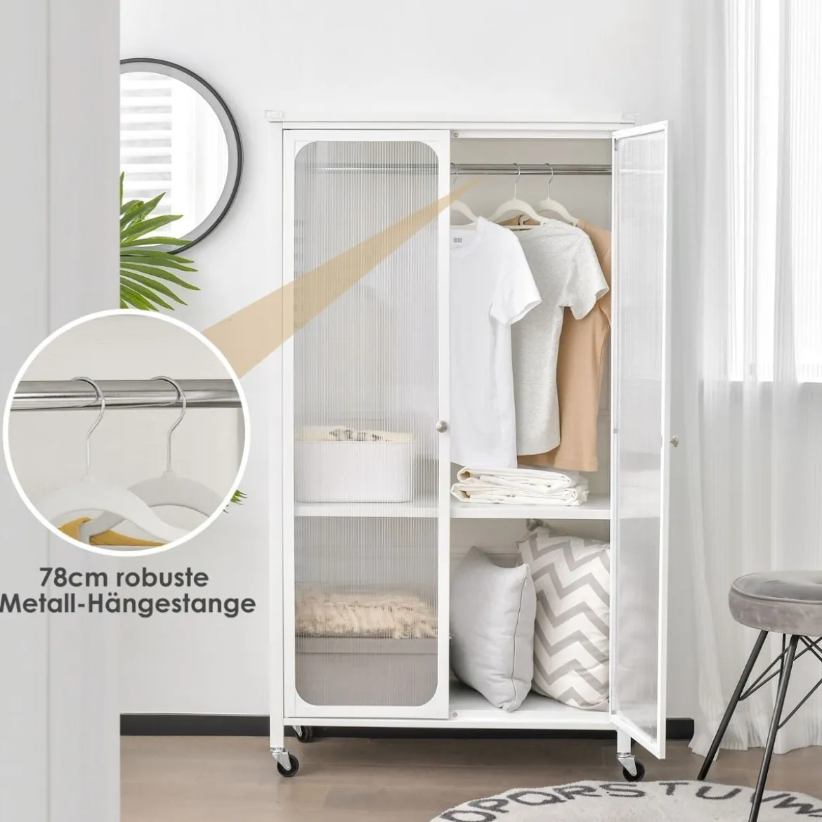 Mobiler Kleiderschrank mit Hängestange & Verstellbarem Regal & Durchsichtigen Schranktüren Weiß