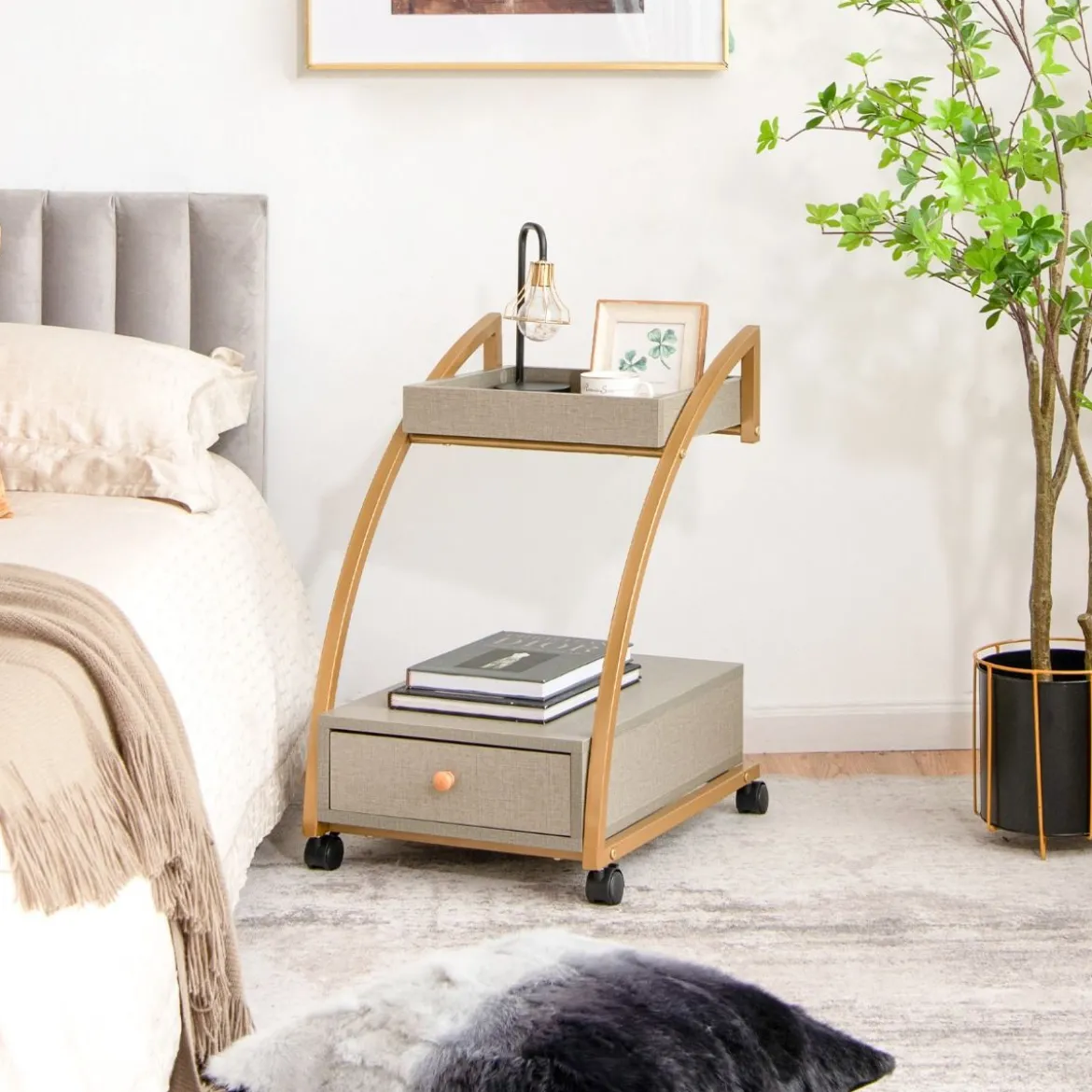 Mobiler Rollender Beistelltisch mit Ablage und Schublade für Wohnzimmer / Schlafzimmer Grau & Golden