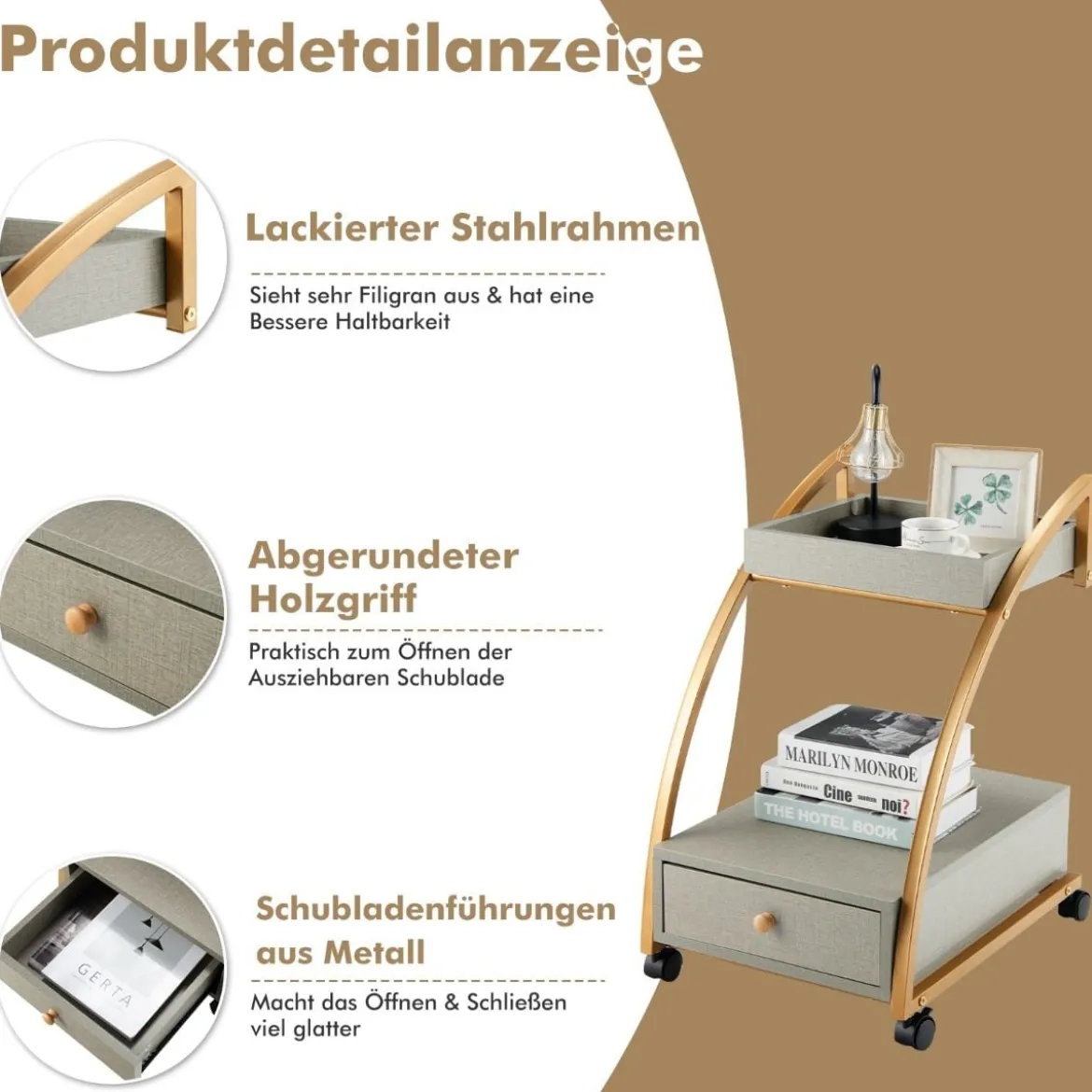Mobiler Rollender Beistelltisch mit Ablage und Schublade für Wohnzimmer / Schlafzimmer Grau & Golden