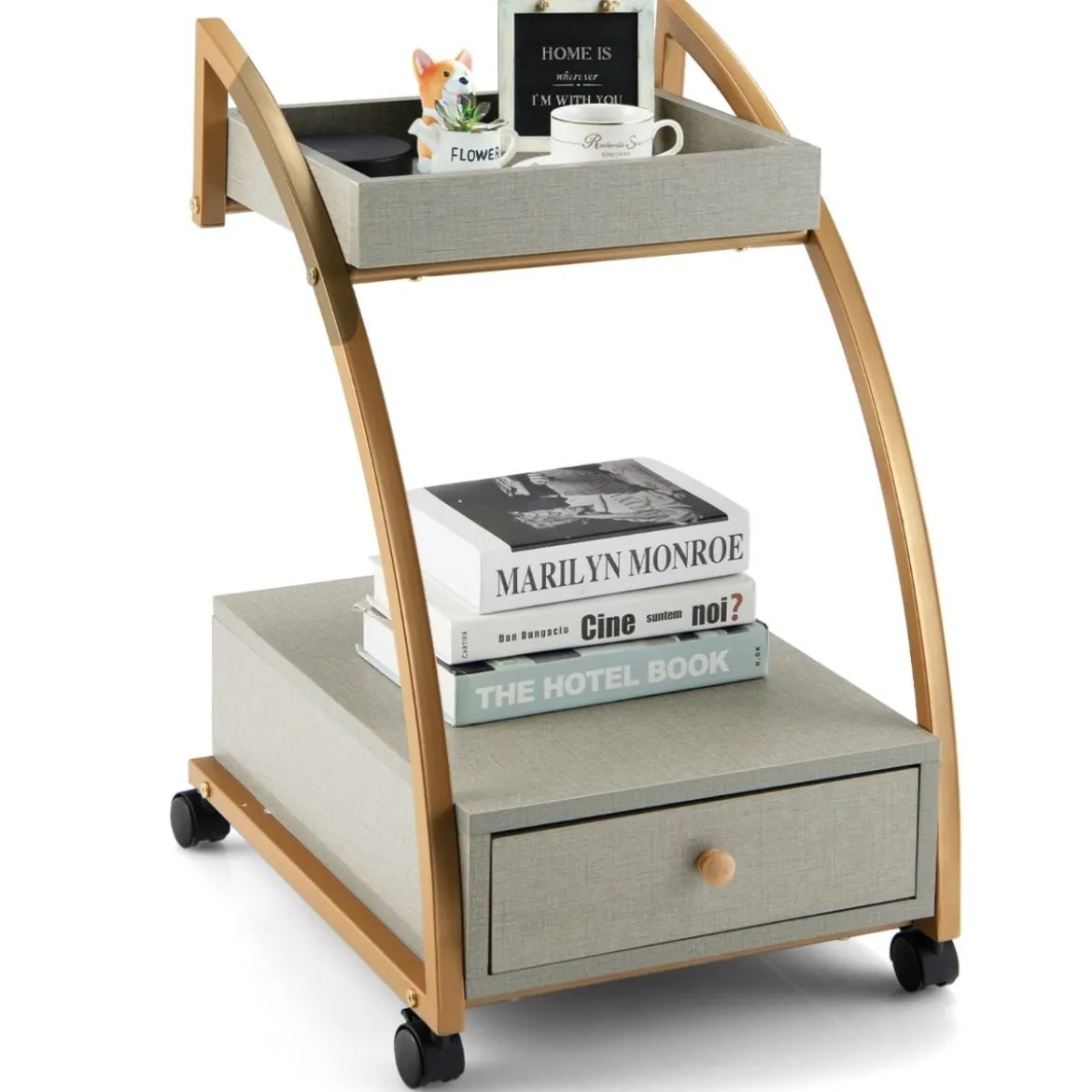 Mobiler Rollender Beistelltisch mit Ablage und Schublade für Wohnzimmer / Schlafzimmer Grau & Golden