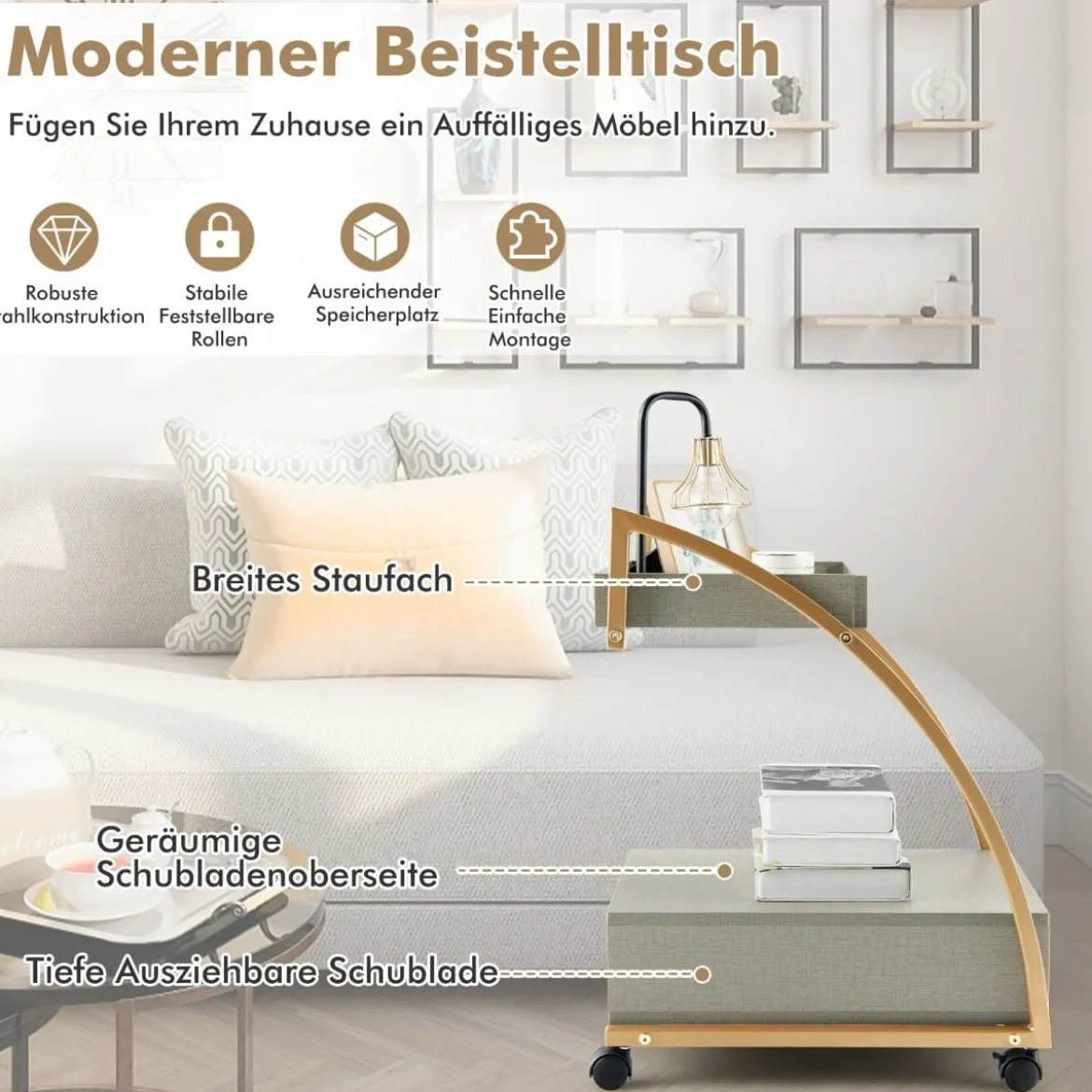 Mobiler Rollender Beistelltisch mit Ablage und Schublade für Wohnzimmer / Schlafzimmer Grau & Golden