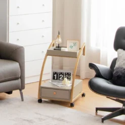 Mobiler Rollender Beistelltisch mit Ablage und Schublade für Wohnzimmer / Schlafzimmer Grau & Golden