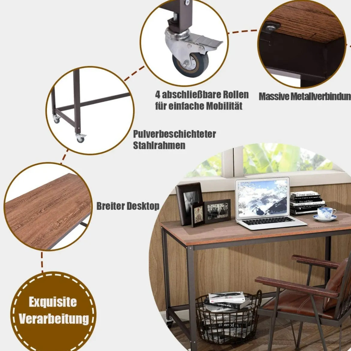 Mobiler Schreibtisch Computertisch mit Stabilem Metallrahmen 120 x 60 x 75 cm Braun