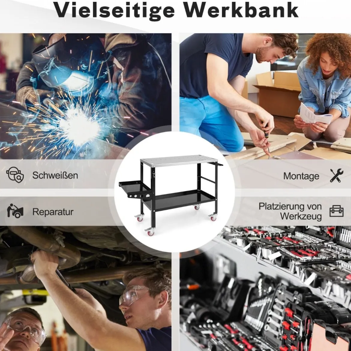 Mobiler Schweißtisch mit φ 1,6cm Löchern & Werkzeugständer & 8 Werkzeugschlitzen