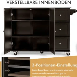 Mobiler Servierwagen mit Edelstahl-Arbeitsplatte 3 Schubladen 2-türigem Schrank verstellbaren Regalen Braun
