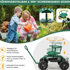 Mobiler Sitz für die Gartenarbeit Gartenwagen lenkbarer Werkzeugwagen mit Tablett Aufbewahrungskorb Grün