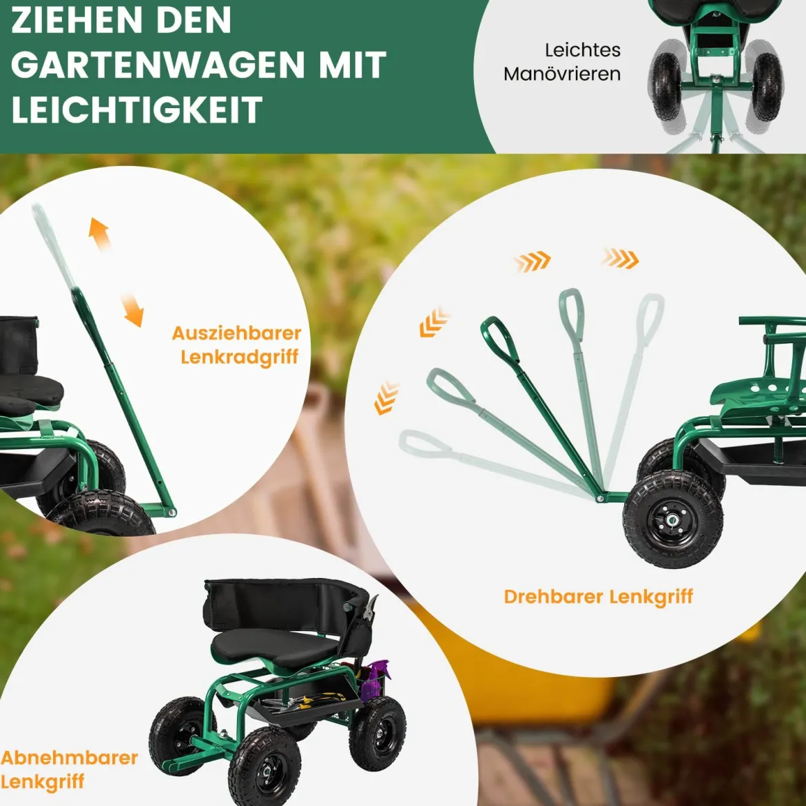 Mobiler Sitz für die Gartenarbeit Gartenwagen lenkbarer Werkzeugwagen mit Tablett Aufbewahrungskorb Grün
