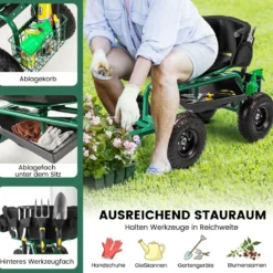 Mobiler Sitz für die Gartenarbeit Gartenwagen lenkbarer Werkzeugwagen mit Tablett Aufbewahrungskorb Grün