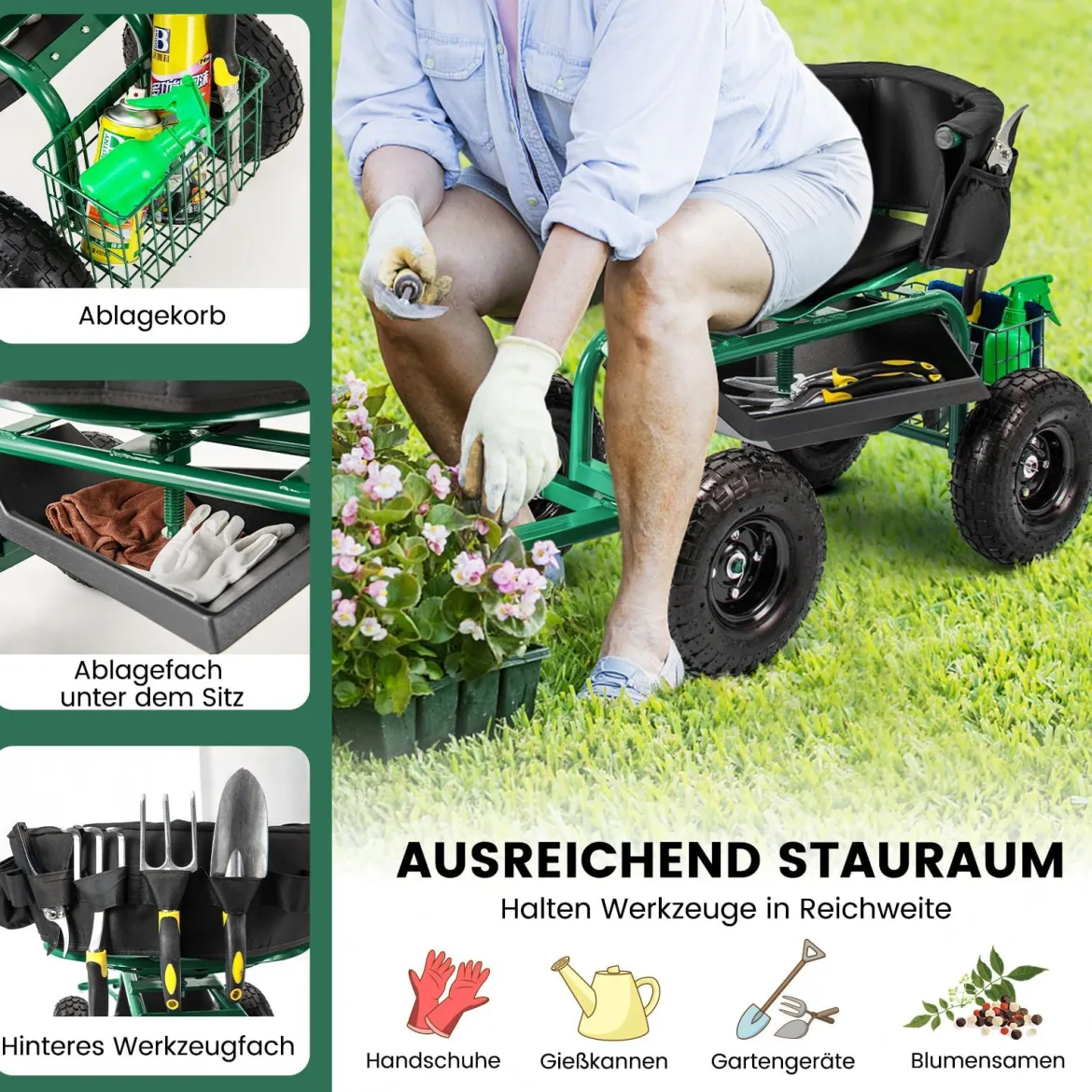 Mobiler Sitz für die Gartenarbeit Gartenwagen lenkbarer Werkzeugwagen mit Tablett Aufbewahrungskorb Grün