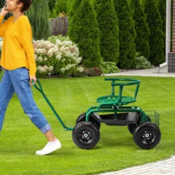 Mobiler Sitz für die Gartenarbeit Gartenwagen lenkbarer Werkzeugwagen mit Tablett Aufbewahrungskorb Grün