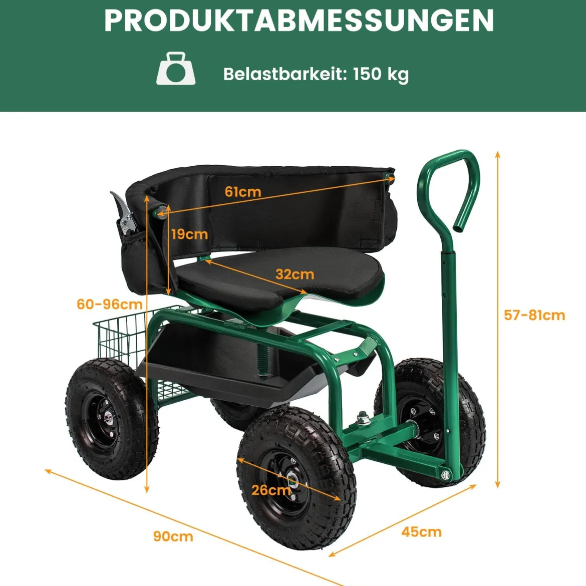 Mobiler Sitz für die Gartenarbeit Gartenwagen lenkbarer Werkzeugwagen mit Tablett Aufbewahrungskorb Grün