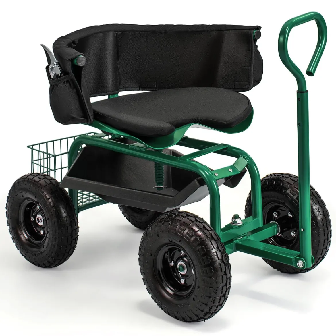Mobiler Sitz für die Gartenarbeit Gartenwagen lenkbarer Werkzeugwagen mit Tablett Aufbewahrungskorb Grün